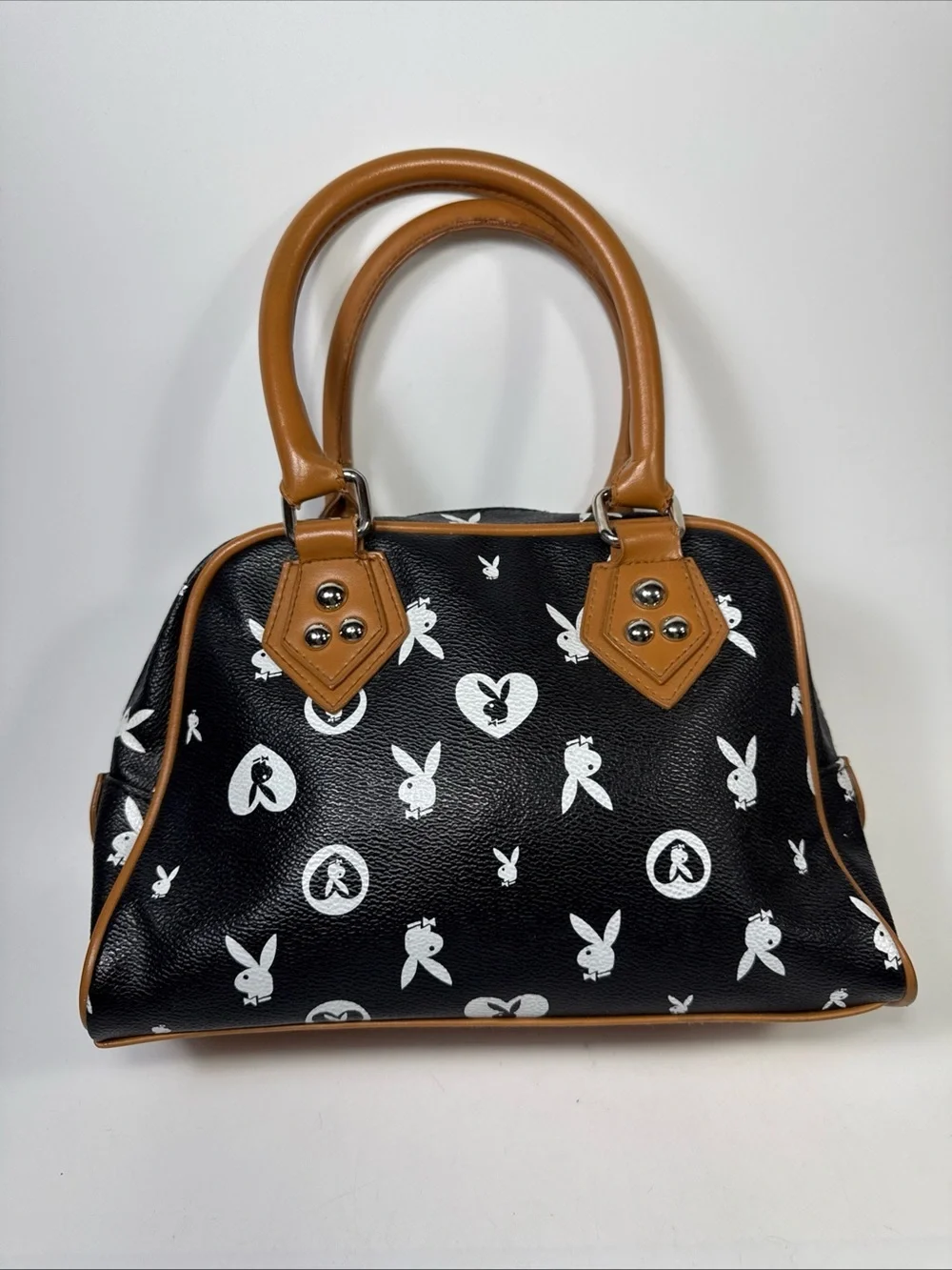 Vtg y2k Playboy Black and Tan Printed Satchel Bag pink interior - Picture 3 of 16